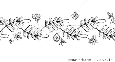 Floral lace embroidery exotic orchid rose flowers and leaves, folk ethnic traditional stylized. Hand drawn ink vector illustration. Seamless banner isolated on white. Design travel, vacation, brochure 120975712
