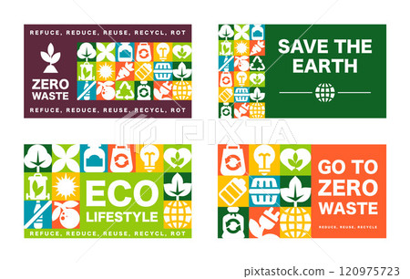 The set of card design with Zero Waste Patterns and geometric icons in a Bauhaus Eco Graphic in a vector illustration The set of card design with Zero Waste Patterns and geometric icons in a Bauhaus Eco Graphic in a vector illustration 120975723
