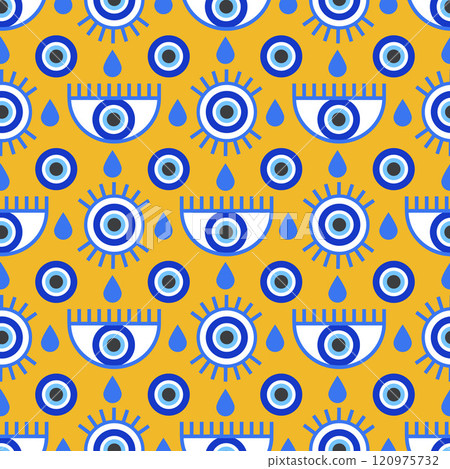 Evil eye Greek seamless pattern. Turkish vector background with blue beads and magic nazar. Mystic amulet is the symbol of protection and luck. Arabic and Mediterranean ethnic wallpaper Evil eye Greek seamless pattern. Turkish vector background with blue beads and magic nazar. Mystic amulet is the symbol of protection and luck. Arabic and Mediterranean ethnic wallpaper 120975732