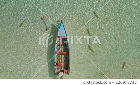 Aerial view of wooden fishing boat moored in shallow, crystal clear turquoise water, small coral reef sharks swimming peacefully in the beautiful sand beach lagoon. Remote wild nature. Top down shot 120975738