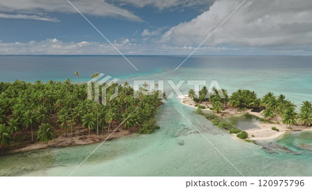 Aerial view of vibrant pink sand beaches and turquoise water lagoon in Tikehau, French Polynesia. Lush coconut palm trees under bright blue sky. Remote wild nature paradise, exotic summer travel Aerial view of vibrant pink sand beaches and turquoise water lagoon in Tikehau, French Polynesia. Lush coconut palm trees under bright blue sky. Remote wild nature paradise, exotic summer travel 120975796
