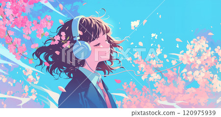 拿著櫻花聽音樂的女孩 拿著櫻花聽音樂的女孩 120975939