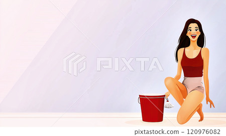 Young woman holding a mop kneeling next to a bucket 120976082
