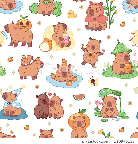 Cartoon happy capybaras seamless pattern. Funny exotic animals, repeated kawaii characters, biggest cute rodents. Decor textile, wrapping, wallpaper. Print for fabric tidy vector background 120976133