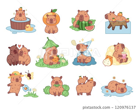 Funny capybaras. Happy exotic comic animals, cute biggest rodents, different poses, actions and emotions, kawaii characters, cartoon flat isolated illustration, stickers tidy vector set 120976137