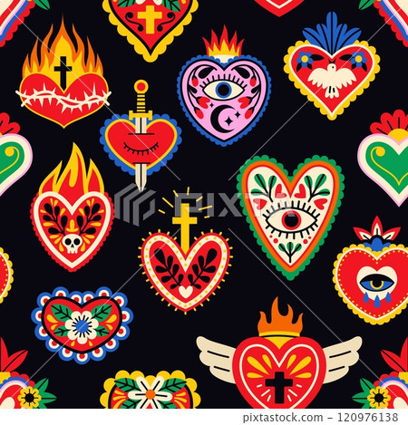 Mexican hearts seamless pattern. Sacred memorial symbols, patterned love charms, traditional spiritual elements. Decor textile, wrapping, wallpaper. Print for fabric, tidy vector background Mexican hearts seamless pattern. Sacred memorial symbols, patterned love charms, traditional spiritual elements. Decor textile, wrapping, wallpaper. Print for fabric, tidy vector background 120976138