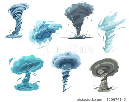 Tornado wind effects. Cartoon swirl hurricanes, destructive weather anomalies, typhoons, spiral cyclones and stormy catastrophe, thunderstorm cataclysm, vector meteorology isolated set 120976142