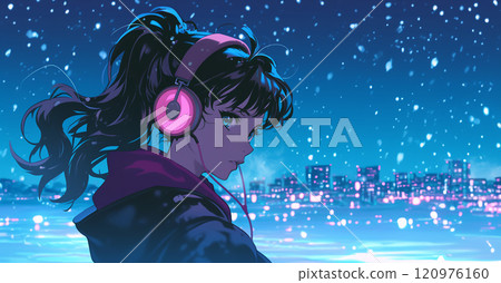 Anime-style girl listening to music with headphones AI-generated image 120976160