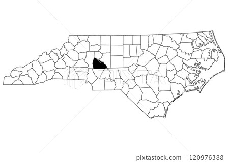 Map of Rowan County in North Carolina state on white background. single County map highlighted by black color on North Carolina map. UNITED STATES, US 120976388