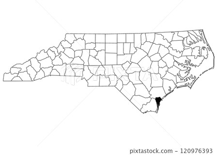 Map of new Hanover County in North Carolina state on white background. single County map highlighted by black color on North Carolina map. UNITED STATES, US 120976393