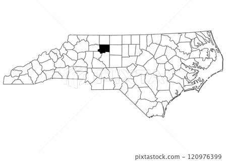 Map of Forsyth County in North Carolina state on white background. single County map highlighted by black color on North Carolina map. UNITED STATES, US 120976399