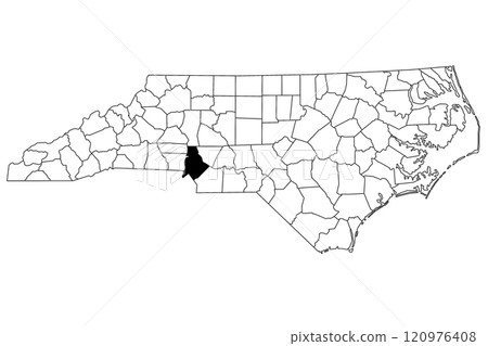 Map of Mecklenburg County in North Carolina state on white background. single County map highlighted by black color on North Carolina map. UNITED STATES, US 120976408