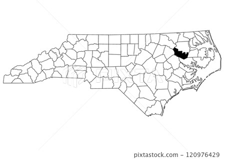 Map of Martin County in North Carolina state on white background. single County map highlighted by black color on North Carolina map. UNITED STATES, US 120976429