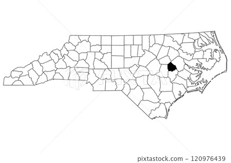 Map of Greene County in North Carolina state on white background. single County map highlighted by black color on North Carolina map. UNITED STATES, US Map of Greene County in North Carolina state on white background. single County map highlighted by black color on North Carolina map. UNITED STATES, US 120976439