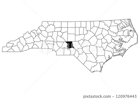 Map of montgomery County in North Carolina state on white background. single County map highlighted by black color on North Carolina map. UNITED STATES, US 120976443