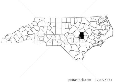 Map of Wayne County in North Carolina state on white background. single County map highlighted by black color on North Carolina map. UNITED STATES, US 120976455
