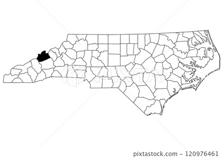 Map of Madison County in North Carolina state on white background. single County map highlighted by black color on North Carolina map. UNITED STATES, US Map of Madison County in North Carolina state on white background. single County map highlighted by black color on North Carolina map. UNITED STATES, US 120976461