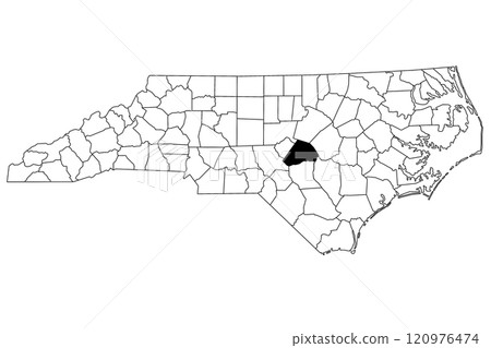 Map of Harnett County in North Carolina state on white background. single County map highlighted by black color on North Carolina map. UNITED STATES, US 120976474