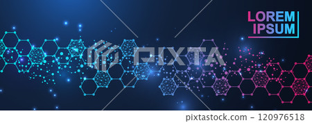 Modern scientific background with hexagons, lines and dots. Wave flow abstract background. Molecular structure for medical, technology, chemistry, science. Vector illustration Modern scientific background with hexagons, lines and dots. Wave flow abstract background. Molecular structure for medical, technology, chemistry, science. Vector illustration 120976518