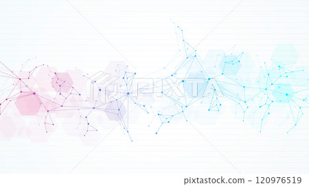 Geometric abstract background with connected line and dots. Structure molecule and communication. Big Data Visualization. Medical, technology, science background. Vector illustration. 120976519