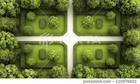 Top view of green bushes and trees forming a cross shaped garden Top view of green bushes and trees forming a cross shaped garden 120976602