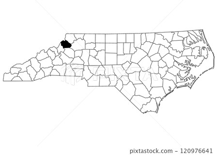 Map of watauga County in North Carolina state on white background. single County map highlighted by black color on North Carolina map. UNITED STATES, US 120976641