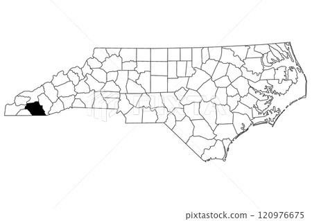 Map of Macon County in North Carolina state on white background. single County map highlighted by black color on North Carolina map. UNITED STATES, US Map of Macon County in North Carolina state on white background. single County map highlighted by black color on North Carolina map. UNITED STATES, US 120976675