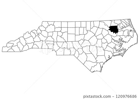 Map of Bertie County in North Carolina state on white background. single County map highlighted by black color on North Carolina map. UNITED STATES, US Map of Bertie County in North Carolina state on white background. single County map highlighted by black color on North Carolina map. UNITED STATES, US 120976686