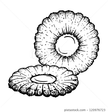 Vector clipart of round shaped Linzer cookies with a jam filling center. Illustration for design purposes. Monochrome detailed ink style drawing, perfect for bakery, food and Christmas projects Vector clipart of round shaped Linzer cookies with a jam filling center. Illustration for design purposes. Monochrome detailed ink style drawing, perfect for bakery, food and Christmas projects 120976723