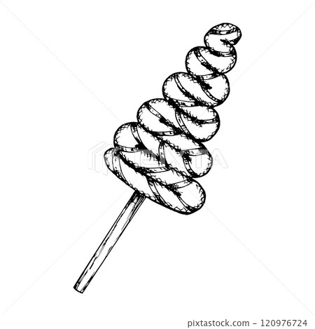 Black and white vector illustration of a Christmas tree shaped spiral lollipop on a stick. Hand drawn sketchy style, perfect for holiday designs, sweet-themed projects, packaging and coloring pages Black and white vector illustration of a Christmas tree shaped spiral lollipop on a stick. Hand drawn sketchy style, perfect for holiday designs, sweet-themed projects, packaging and coloring pages 120976724