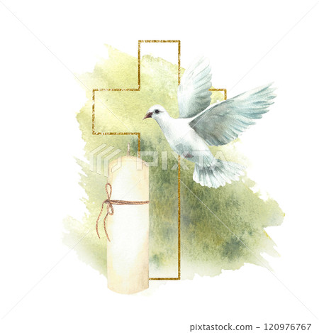 Cross with white dove and a church candle on watercolor green splashes stains background Hand drawn illustration. Flying pigeon bird with gold framed cross for baptism or first communion card Isolated 120976767