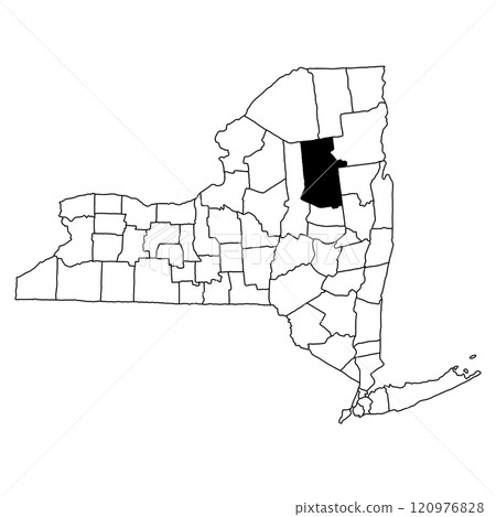 Map of Hamilton County in New York state on white background. single County map highlighted by black colour on New york map . 120976828