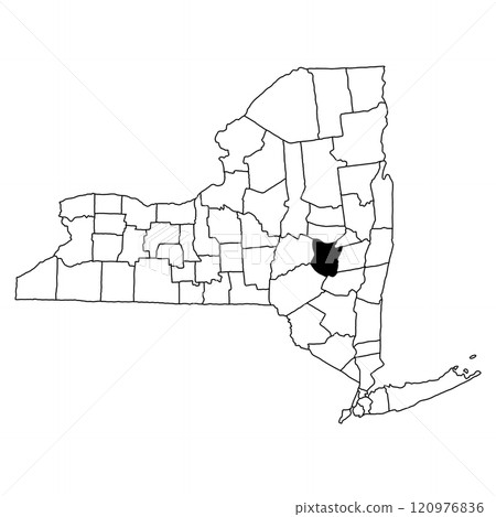 Map of schoharie County in New York state on white background. single County map highlighted by black colour on New york map . Map of schoharie County in New York state on white background. single County map highlighted by black colour on New york map . 120976836