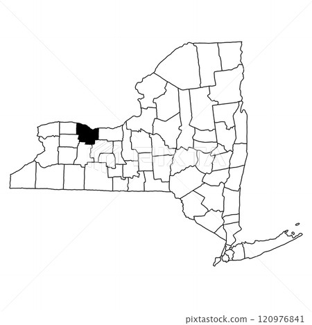 Map of Monroe County in New York state on white background. single County map highlighted by black colour on New york map . 120976841
