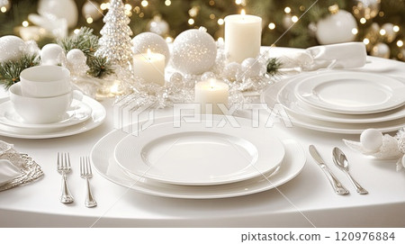Beautifully arranged table setting for Christmas dinner featuring white plates, candles, and decorations against bokeh tree lights 120976884