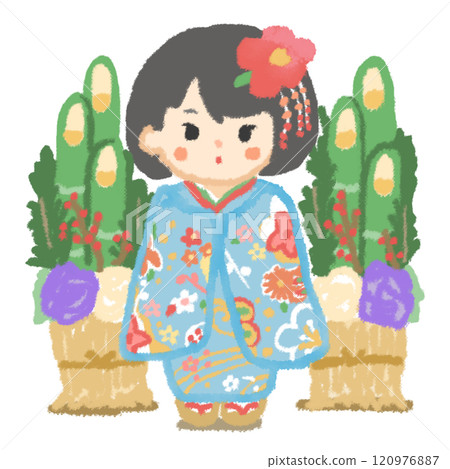 門松面前站著一個穿著美麗淺藍色長袖和服的女孩 門松面前站著一個穿著美麗淺藍色長袖和服的女孩 120976887