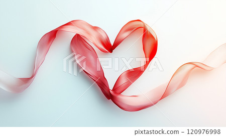 Red ribbon forming a heart shape, symbolizing love, romance, and Valentine's Day, on a soft gradient background with elegant and delicate tones Red ribbon forming a heart shape, symbolizing love, romance, and Valentine's Day, on a soft gradient background with elegant and delicate tones 120976998