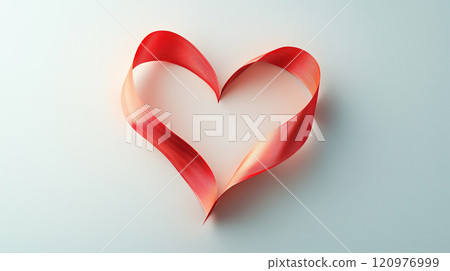 Red ribbon in the shape of a heart, symbolizing love and Valentine's Day, placed on a soft pastel background with minimalistic design and warm tones 120976999