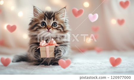 Adorable fluffy kitten holding a small gift box, surrounded by floating pink hearts and warm fairy lights, perfect for Valentine's Day celebration 120977000