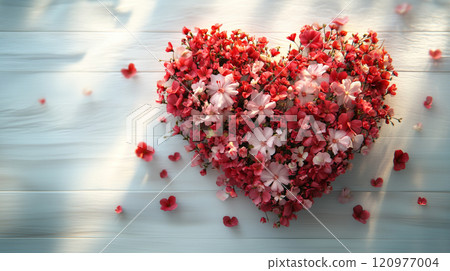 floral heart arrangement, red and pink blossoms, romantic decor for Valentine's Day, wooden background, soft sunlight, petals scattered around 120977004