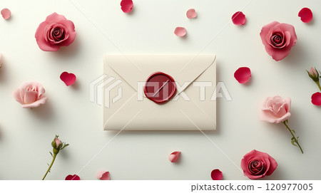 sealed envelope, red wax seal, surrounded by red and pink roses, romantic Valentine's Day concept, scattered petals, light background 120977005