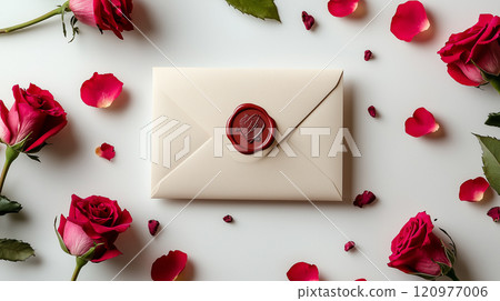 sealed envelope, red wax seal, surrounded by scattered red roses and petals, romantic Valentine's Day composition, light background 120977006