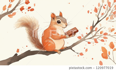 illustration of squirrel, holding chocolate bar, sitting on tree branch, autumn leaves, soft beige background, whimsical and charming, warm colors, Valentine's Day theme 120977019