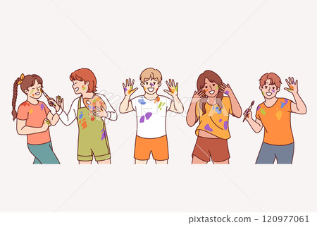Artist children with paint stains on hands and clothes rejoice at opportunity to develop creativity Artist children with paint stains on hands and clothes rejoice at opportunity to develop creativity 120977061