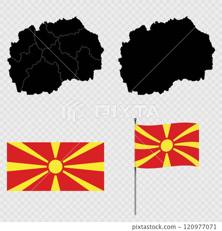 Set of maps, flag and flagpole of North Macedonia. Vector illustration. 120977071