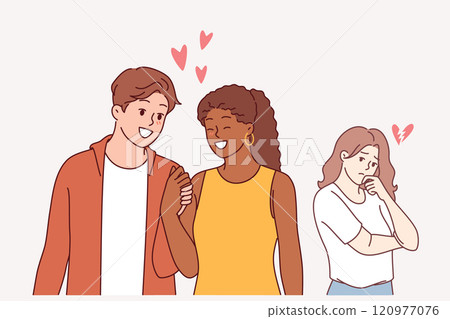 Love triangle between man walking with girlfriend and jealous, envious girl in need of psychologist 120977076