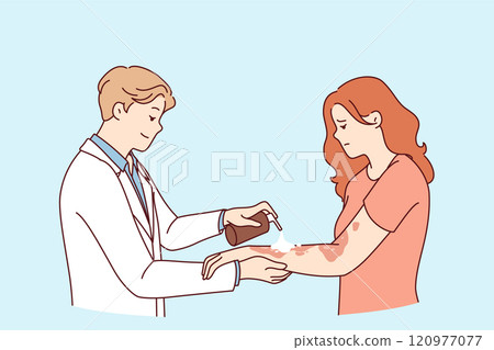 Dermatologist treats eczema on hands of woman suffering from skin disease and pigmentation spots 120977077