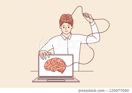 Man develops artificial intelligence and transfers own brain to internet, standing near laptop 120977080