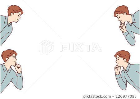 Pensive business man scratches chin and makes difficult decision, peeks out from different corners 120977083