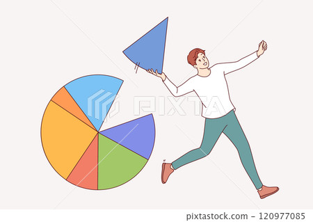Businessman takes market segment from pie chart and runs away demonstrating business dexterity Businessman takes market segment from pie chart and runs away demonstrating business dexterity 120977085